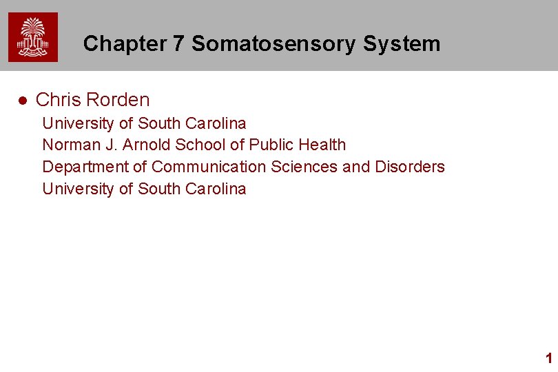 Chapter 7 Somatosensory System l Chris Rorden University of South Carolina Norman J. Arnold