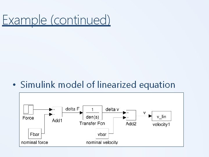 Example (continued) • Simulink model of linearized equation 