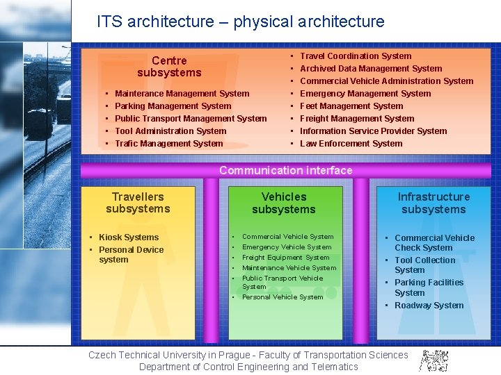 ITS architecture – physical architecture Centre subsystems • • • Mainterance Management System Parking