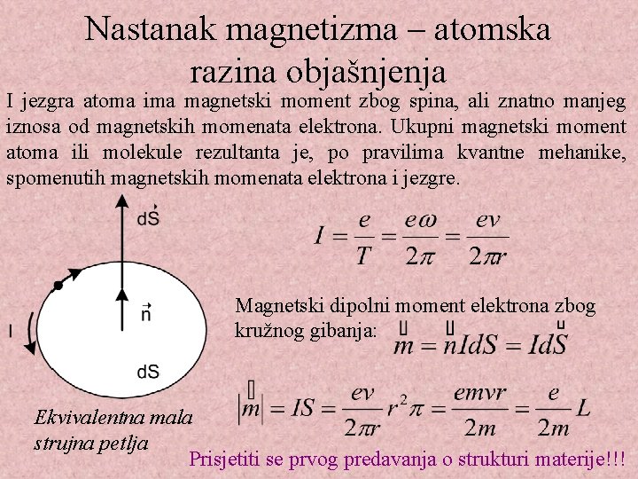 Nastanak magnetizma – atomska razina objašnjenja I jezgra atoma ima magnetski moment zbog spina,