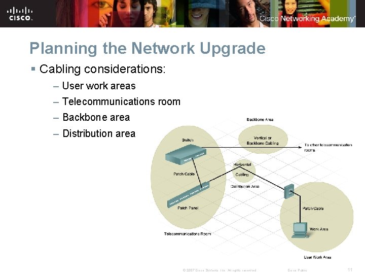Planning the Network Upgrade § Cabling considerations: – User work areas – Telecommunications room