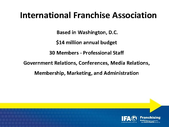 International Franchise Association Based in Washington, D. C. $14 million annual budget 30 Members