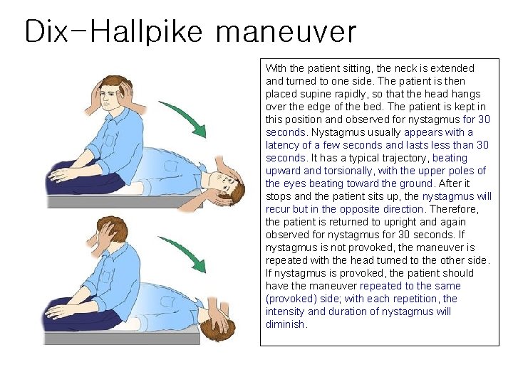 Dix-Hallpike maneuver With the patient sitting, the neck is extended and turned to one