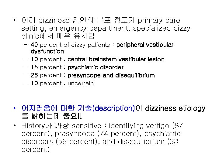  • 여러 dizziness 원인의 분포 정도가 primary care setting, emergency department, specialized dizzy