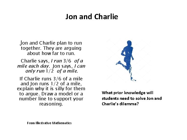 Jon and Charlie plan to run together. They are arguing about how far to