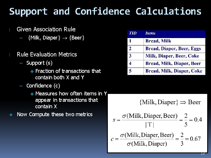 Support and Confidence Calculations l Given Association Rule – {Milk, Diaper} {Beer} l Rule