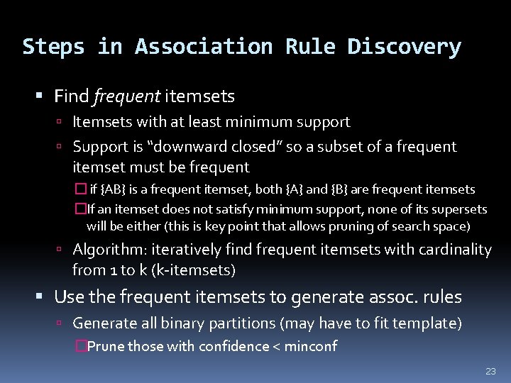 Steps in Association Rule Discovery Find frequent itemsets Itemsets with at least minimum support