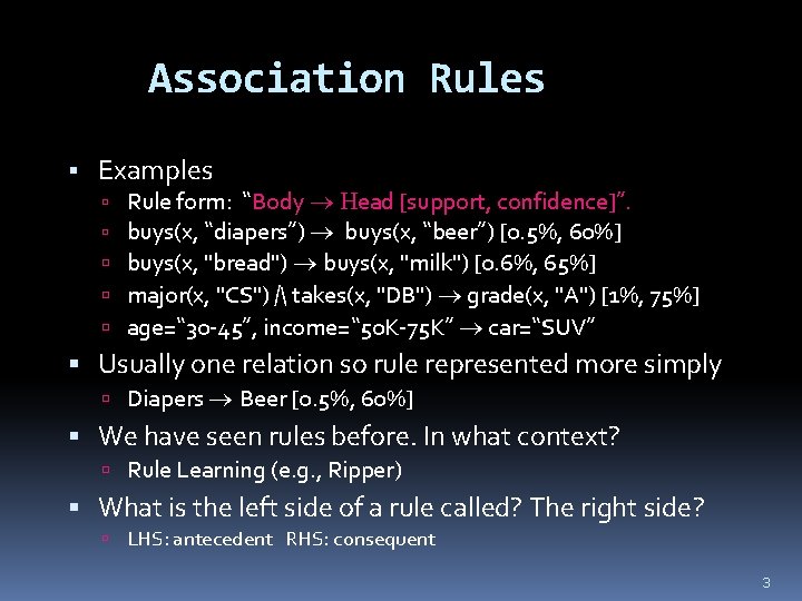 Association Rules Examples Rule form: “Body Head [support, confidence]”. buys(x, “diapers”) buys(x, “beer”) [0.