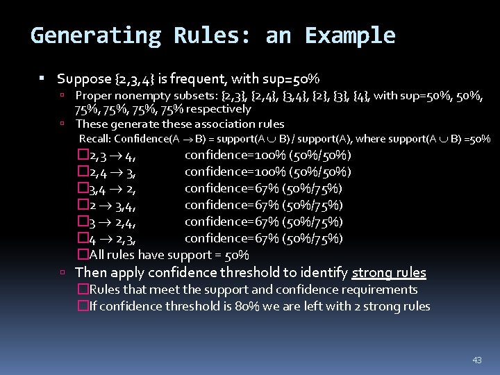 Generating Rules: an Example Suppose {2, 3, 4} is frequent, with sup=50% Proper nonempty