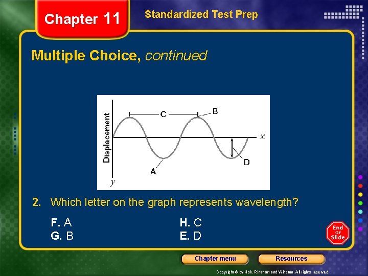 Chapter 11 Standardized Test Prep Multiple Choice, continued 2. Which letter on the graph