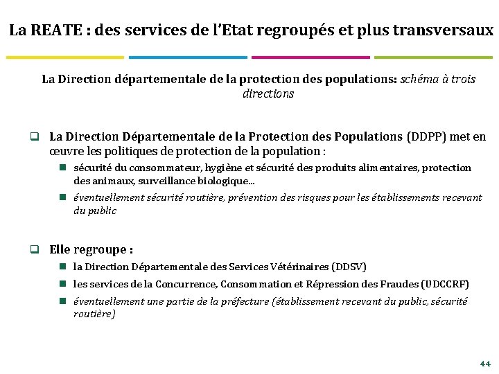 La REATE : des services de l’Etat regroupés et plus transversaux La Direction départementale