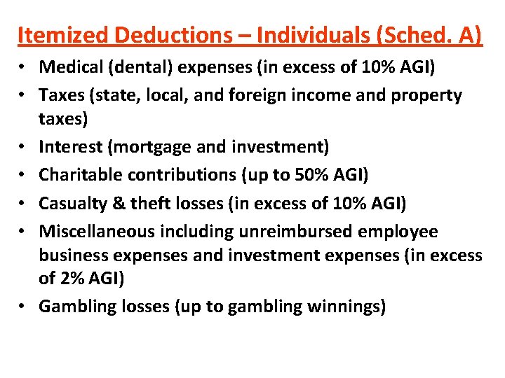 Itemized Deductions – Individuals (Sched. A) • Medical (dental) expenses (in excess of 10%