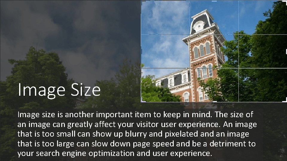 Image Size Image size is another important item to keep in mind. The size Image Size Image size is another important item to keep in mind. The size