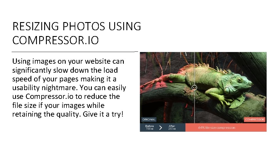 RESIZING PHOTOS USING COMPRESSOR. IO Using images on your website can significantly slow down RESIZING PHOTOS USING COMPRESSOR. IO Using images on your website can significantly slow down