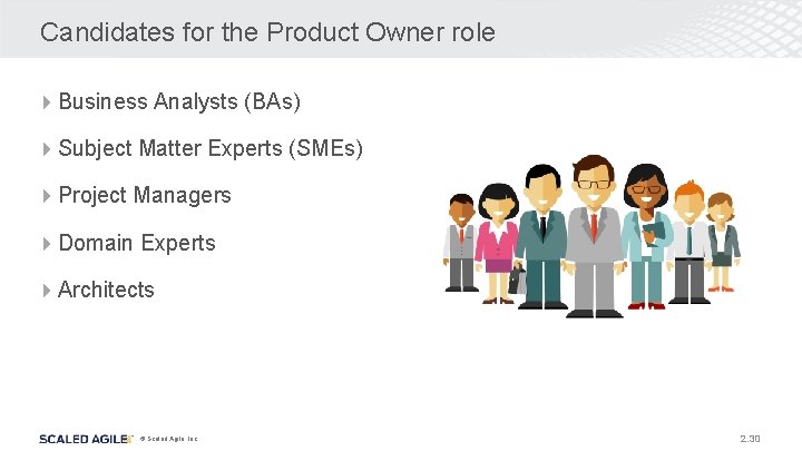 Candidates for the Product Owner role 4 Business Analysts (BAs) 4 Subject Matter Experts Candidates for the Product Owner role 4 Business Analysts (BAs) 4 Subject Matter Experts