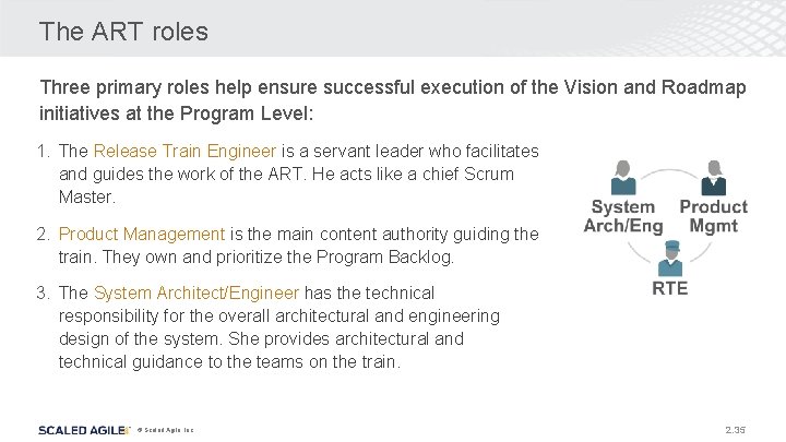 The ART roles Three primary roles help ensure successful execution of the Vision and The ART roles Three primary roles help ensure successful execution of the Vision and