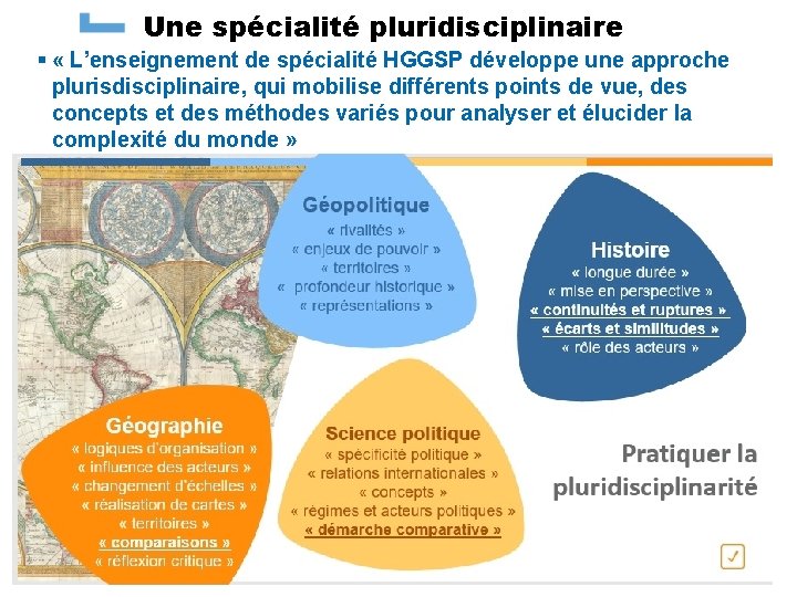 Une spécialité pluridisciplinaire § « L’enseignement de spécialité HGGSP développe une approche plurisdisciplinaire, qui