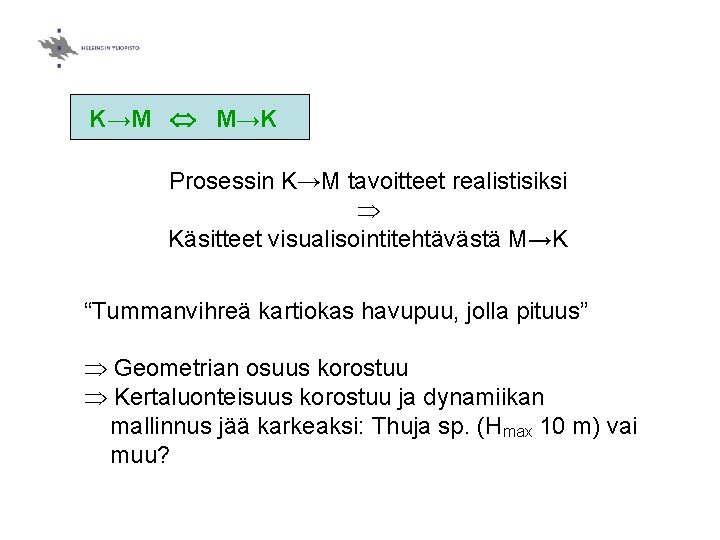 K→M M→K Prosessin K→M tavoitteet realistisiksi Käsitteet visualisointitehtävästä M→K “Tummanvihreä kartiokas havupuu, jolla pituus”