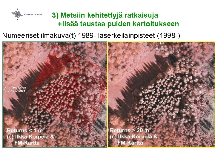 3) Metsiin kehitettyjä ratkaisuja +lisää taustaa puiden kartoitukseen Numeeriset ilmakuva(t) 1989 - laserkeilainpisteet (1998