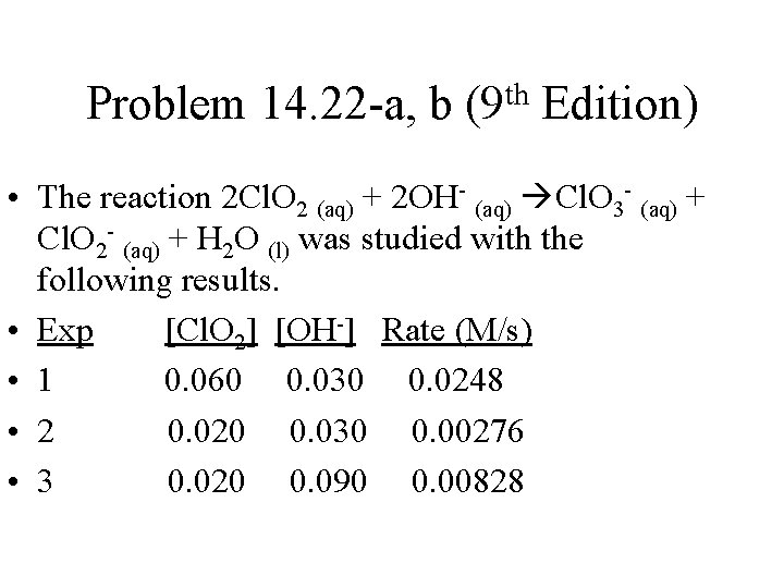 Problem 14. 22 -a, b th (9 Edition) • The reaction 2 Cl. O