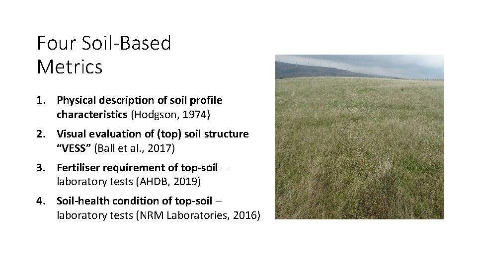 Four Soil-Based Metrics 1. Physical description of soil profile characteristics (Hodgson, 1974) 2. Visual