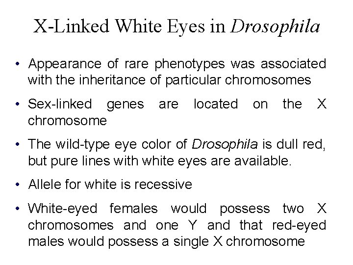 X-Linked White Eyes in Drosophila • Appearance of rare phenotypes was associated with the