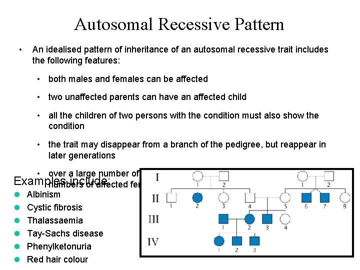 Autosomal Recessive Pattern • An idealised pattern of inheritance of an autosomal recessive trait