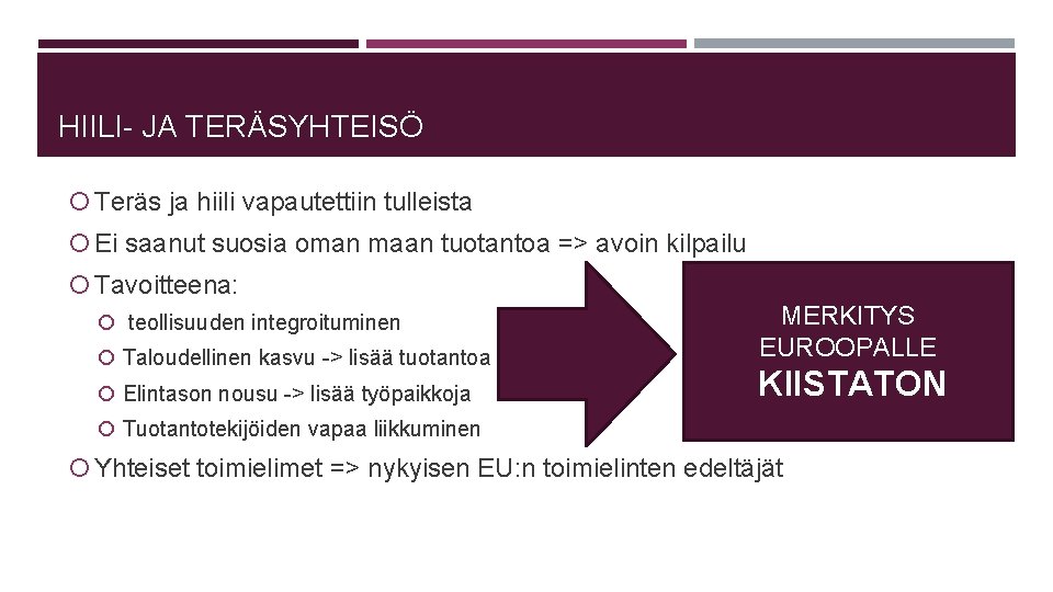 HIILI- JA TERÄSYHTEISÖ Teräs ja hiili vapautettiin tulleista Ei saanut suosia oman maan tuotantoa