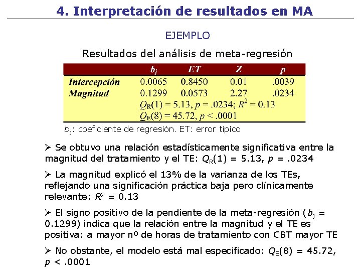 4. Interpretación de resultados en MA EJEMPLO Resultados del análisis de meta-regresión bj: coeficiente