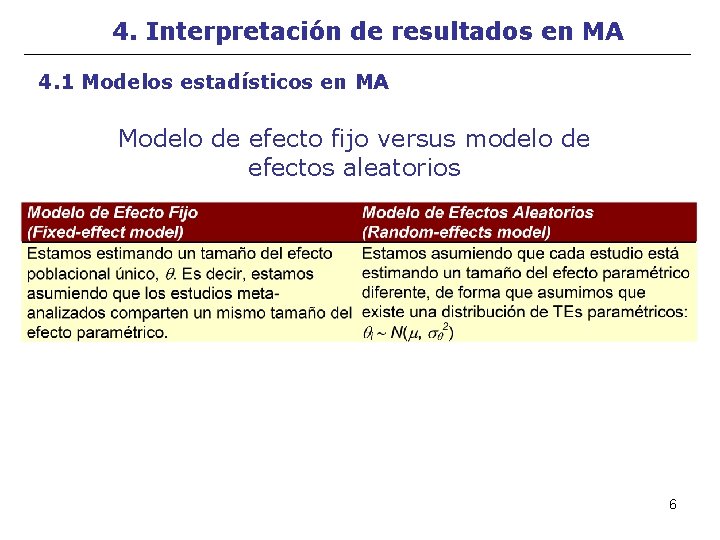 4. Interpretación de resultados en MA 4. 1 Modelos estadísticos en MA Modelo de