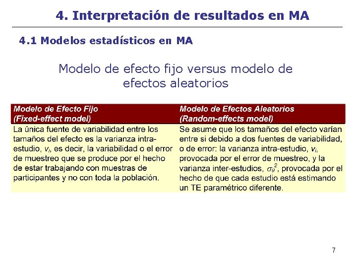 4. Interpretación de resultados en MA 4. 1 Modelos estadísticos en MA Modelo de