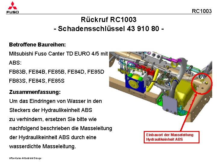RC 1003 Rückruf RC 1003 - Schadensschlüssel 43 910 80 Betroffene Baureihen: Mitsubishi Fuso