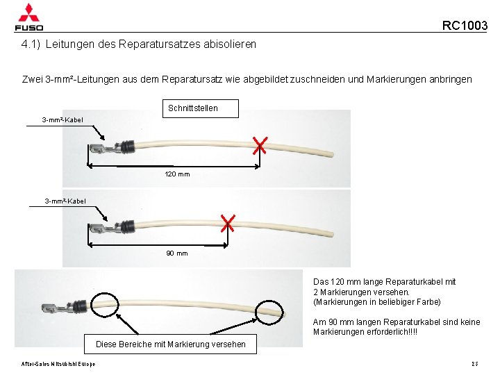 RC 1003 4. 1) Leitungen des Reparatursatzes abisolieren Zwei 3 -mm²-Leitungen aus dem Reparatursatz