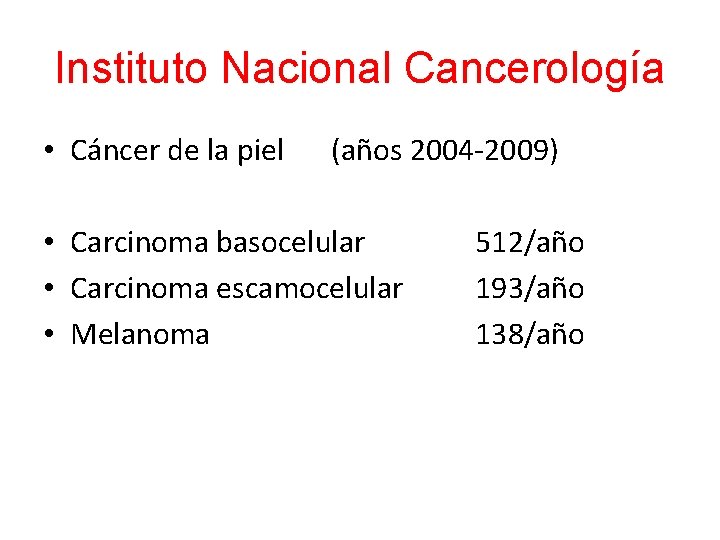 Instituto Nacional Cancerología • Cáncer de la piel (años 2004 -2009) • Carcinoma basocelular Instituto Nacional Cancerología • Cáncer de la piel (años 2004 -2009) • Carcinoma basocelular