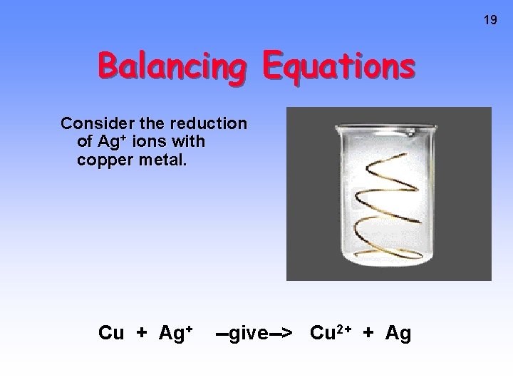 19 Balancing Equations Consider the reduction of Ag+ ions with copper metal. Cu +