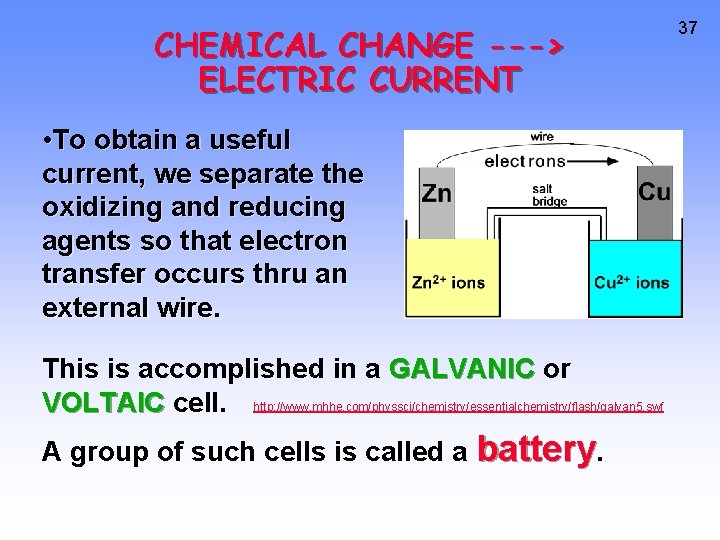 CHEMICAL CHANGE ---> ELECTRIC CURRENT • To obtain a useful current, we separate the
