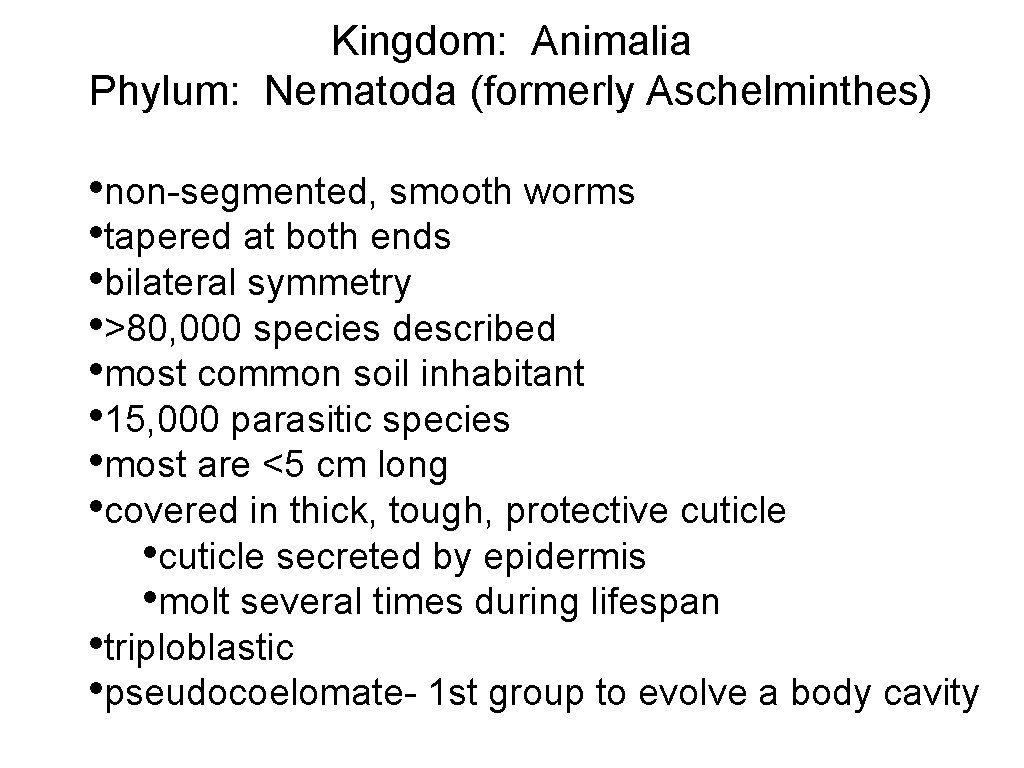 Kingdom: Animalia Phylum: Nematoda (formerly Aschelminthes) • non-segmented, smooth worms • tapered at both