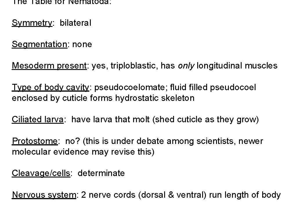 The Table for Nematoda: Symmetry: bilateral Segmentation: none Mesoderm present: yes, triploblastic, has only