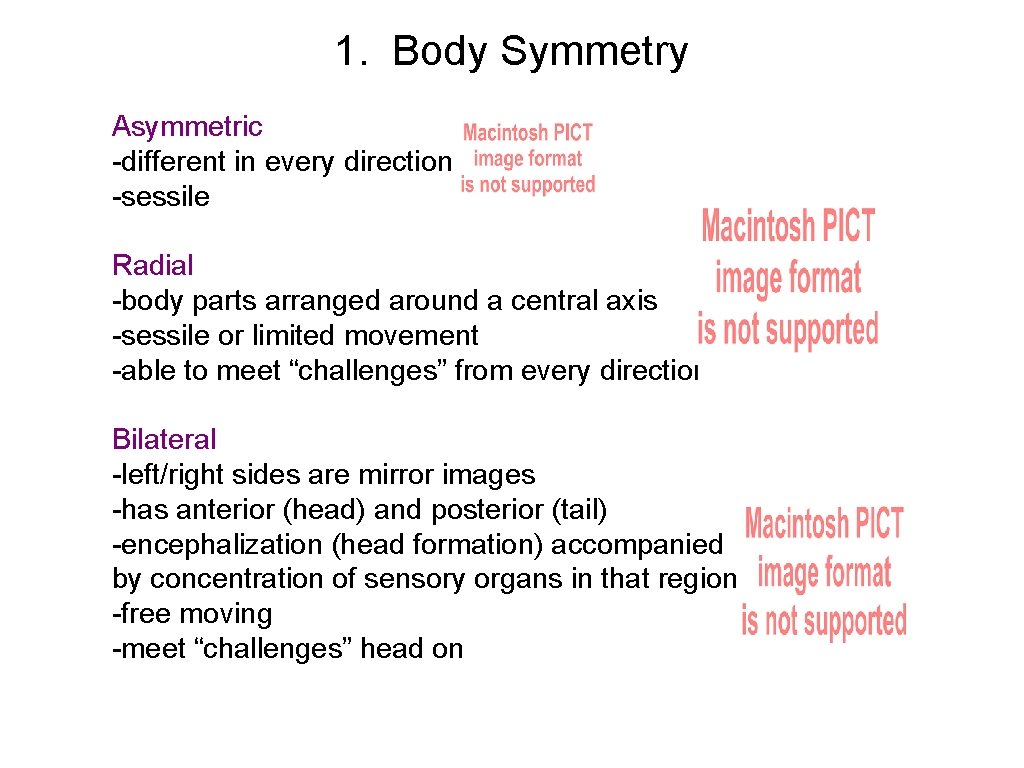 1. Body Symmetry Asymmetric -different in every direction -sessile Radial -body parts arranged around