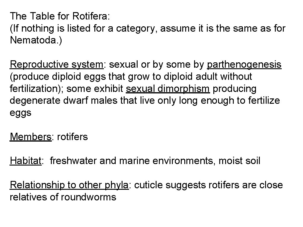 The Table for Rotifera: (If nothing is listed for a category, assume it is