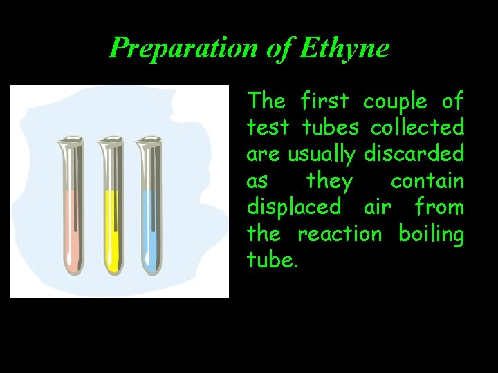 Preparation of Ethyne The first couple of test tubes collected are usually discarded as
