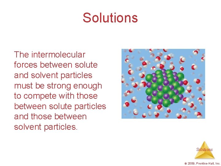 Solutions The intermolecular forces between solute and solvent particles must be strong enough to