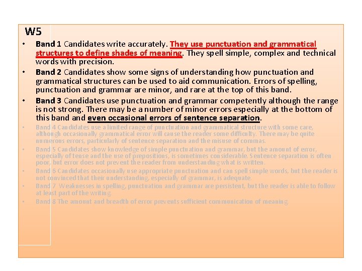 W 5 • • Band 1 Candidates write accurately. They use punctuation and grammatical