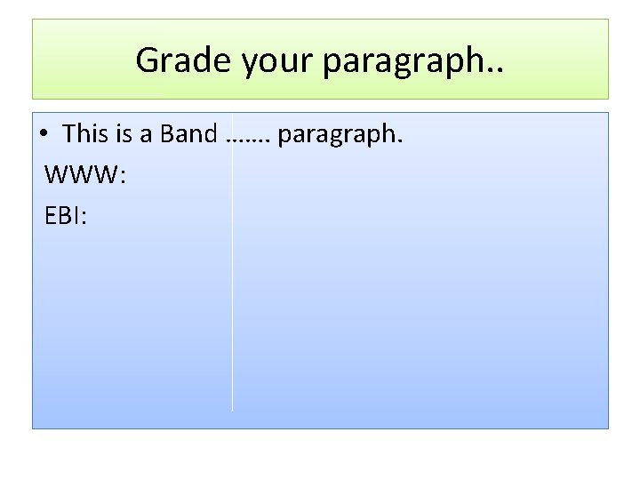 Grade your paragraph. . • This is a Band ……. paragraph. WWW: EBI: 
