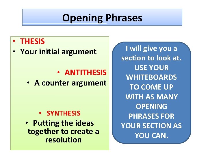 Opening Phrases • THESIS • Your initial argument • ANTITHESIS • A counter argument