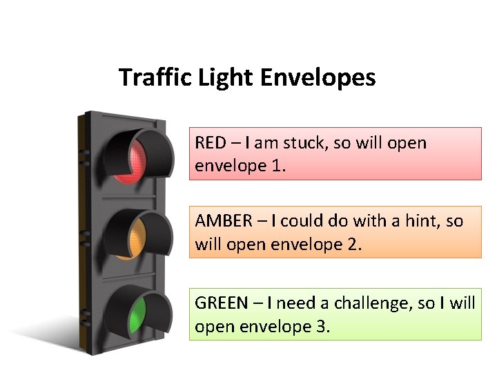 Traffic Light Envelopes RED – I am stuck, so will open envelope 1. AMBER