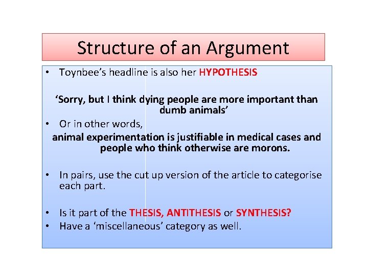 Structure of an Argument • Toynbee’s headline is also her HYPOTHESIS ‘Sorry, but I