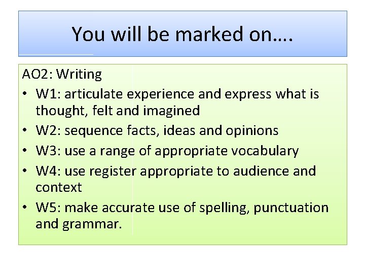 You will be marked on…. AO 2: Writing • W 1: articulate experience and