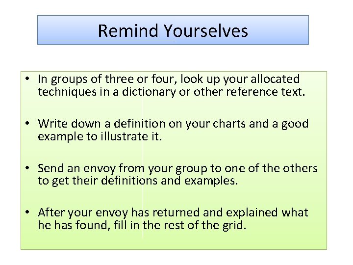 Remind Yourselves • In groups of three or four, look up your allocated techniques