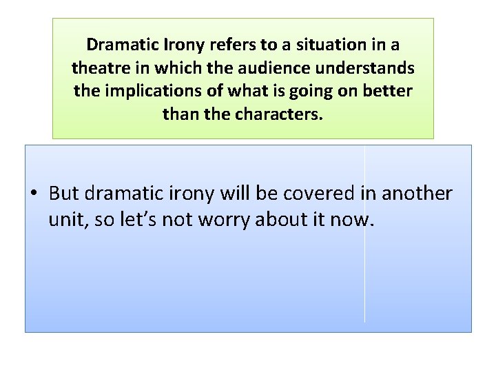 Dramatic Irony refers to a situation in a theatre in which the audience understands